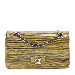 Chanel Striped Classic Double Flap 26 in Yellow/Black Striped Patent Leather